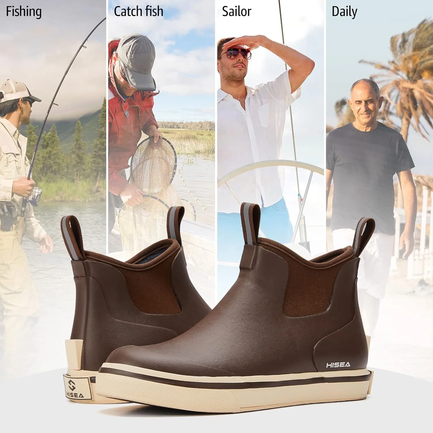 HISEA Men's Deck Boots Saltwater Fishing Booties Waterproof Ankle Rain Boots High Traction