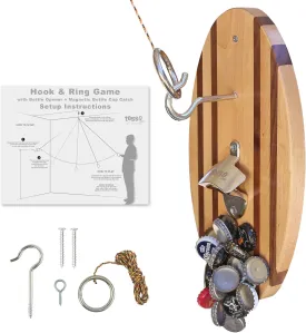 Hook and Ring Game Pro (Beach Stripes) with Bottle Opener and Magnetic Bottle Cap Catch - Easy Wall Mount Ring Toss Game