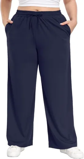 Lastshe Women's Plus Size Casual Pants Elastic Waist Wide Leg Loose Fit Pajama Drawstring Home Pants with Pockets