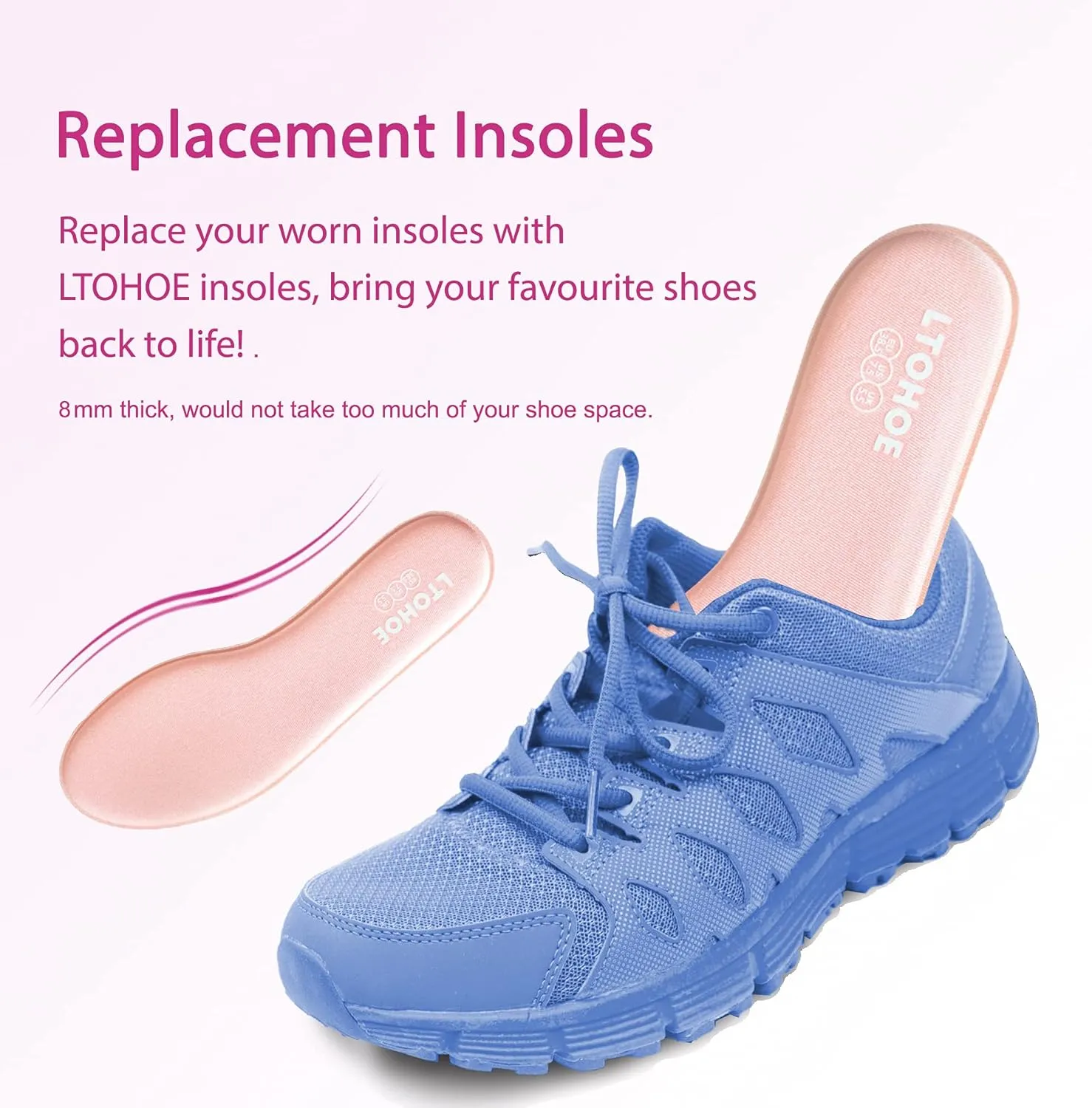 LTOHOE Memory Foam Insoles for Women, Replacement Shoe Inserts for Running Shoes, Hiking Shoes, Sneaker, Cushion Shoe Insoles Shock Absorbing for Foot Pain Relief, Comfort Inner Soles 8mm Pink US 5.5