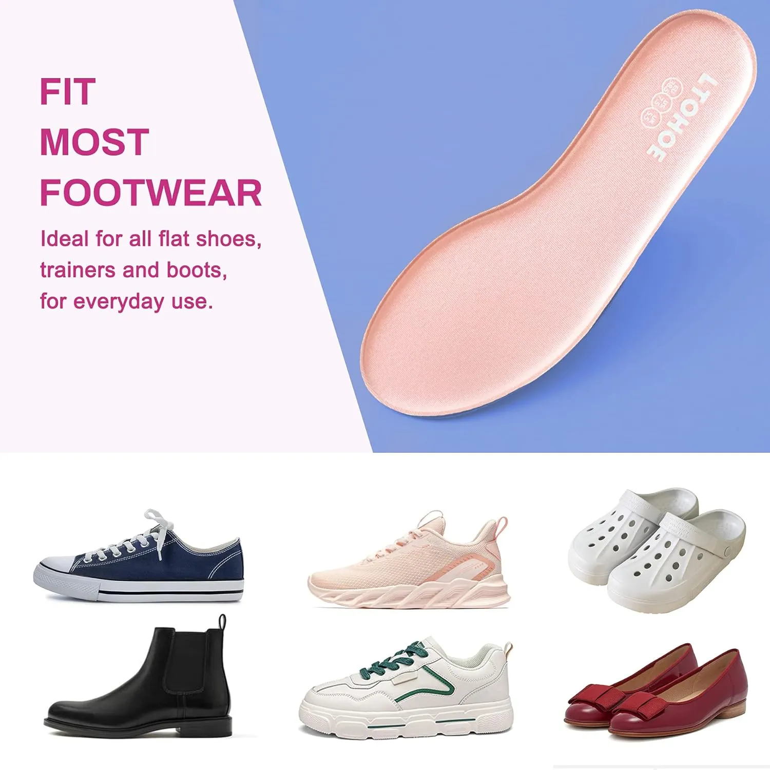 LTOHOE Memory Foam Insoles for Women, Replacement Shoe Inserts for Running Shoes, Hiking Shoes, Sneaker, Cushion Shoe Insoles Shock Absorbing for Foot Pain Relief, Comfort Inner Soles 8mm Pink US 5.5