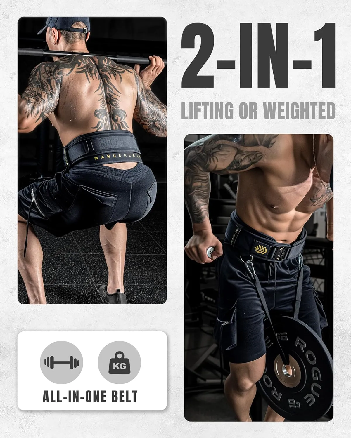 MANUEKLEAR 2-in-1 Weightlifting Belt & Dip Belt with 36.7 IN Rope, Double-Layer Weight Lifting Belts, Powerlifting Gym Weighted Belt for Pull Up Squat