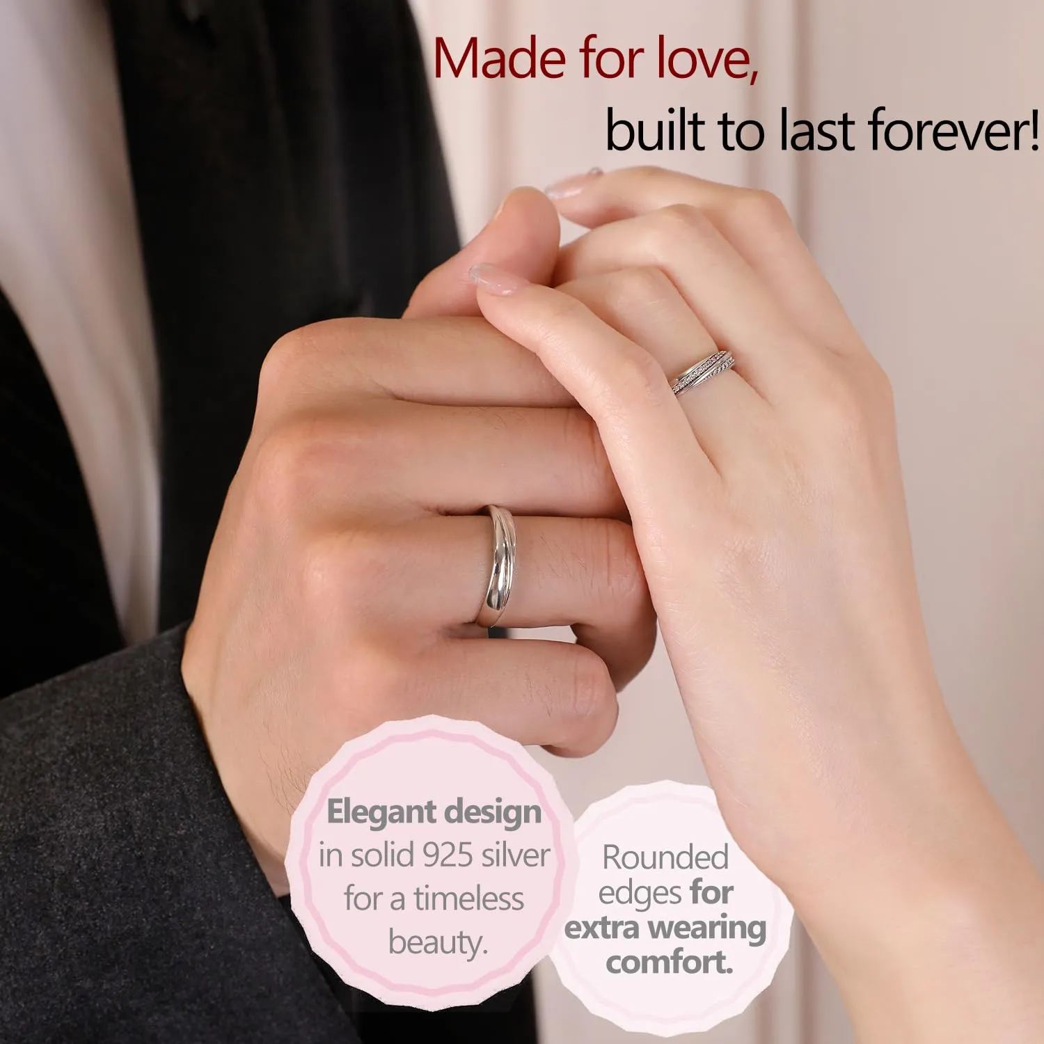 Meissa 2Pcs Couple Rings for Men and Women 925 Sterling Silver Wedding Band Matching Promise Rings Size Adjustable Handmade Bridal Jewelry Size 3-10 (Custom Engraving)
