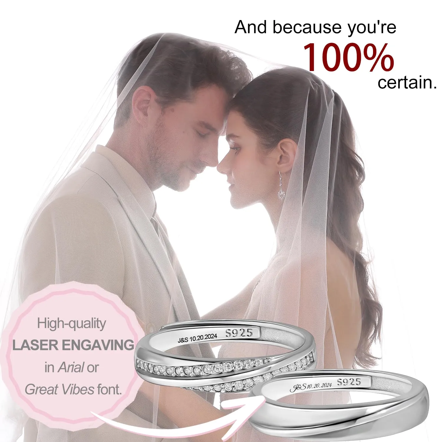 Meissa 2Pcs Couple Rings for Men and Women 925 Sterling Silver Wedding Band Matching Promise Rings Size Adjustable Handmade Bridal Jewelry Size 3-10 (Custom Engraving)