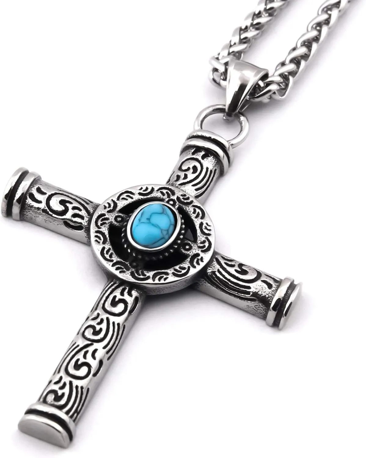 Native American Turquoise Cross Pendant Stainless Steel Keel Chain Necklace Indian Eagle Tribal Jewelry for Mens Womens