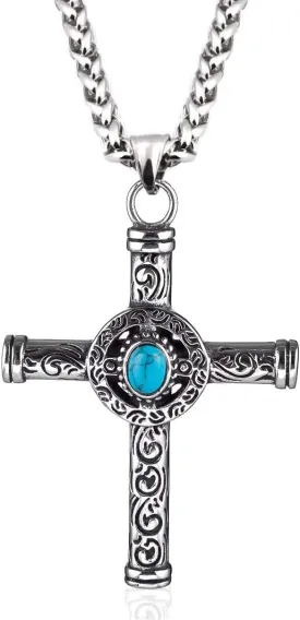 Native American Turquoise Cross Pendant Stainless Steel Keel Chain Necklace Indian Eagle Tribal Jewelry for Mens Womens