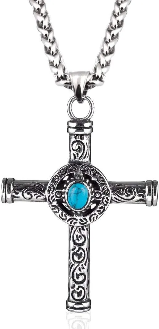 Native American Turquoise Cross Pendant Stainless Steel Keel Chain Necklace Indian Eagle Tribal Jewelry for Mens Womens