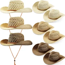 Newcotte 9 Pack Straw Cowboy Hats for Women Western Cowgirl Beach Sun Hat Bulk with Windproof Rope for Party Travel