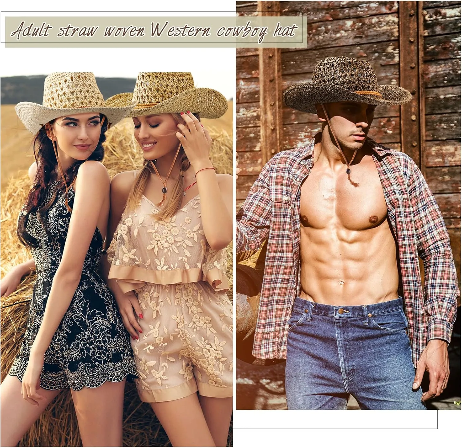 Newcotte 9 Pack Straw Cowboy Hats for Women Western Cowgirl Beach Sun Hat Bulk with Windproof Rope for Party Travel