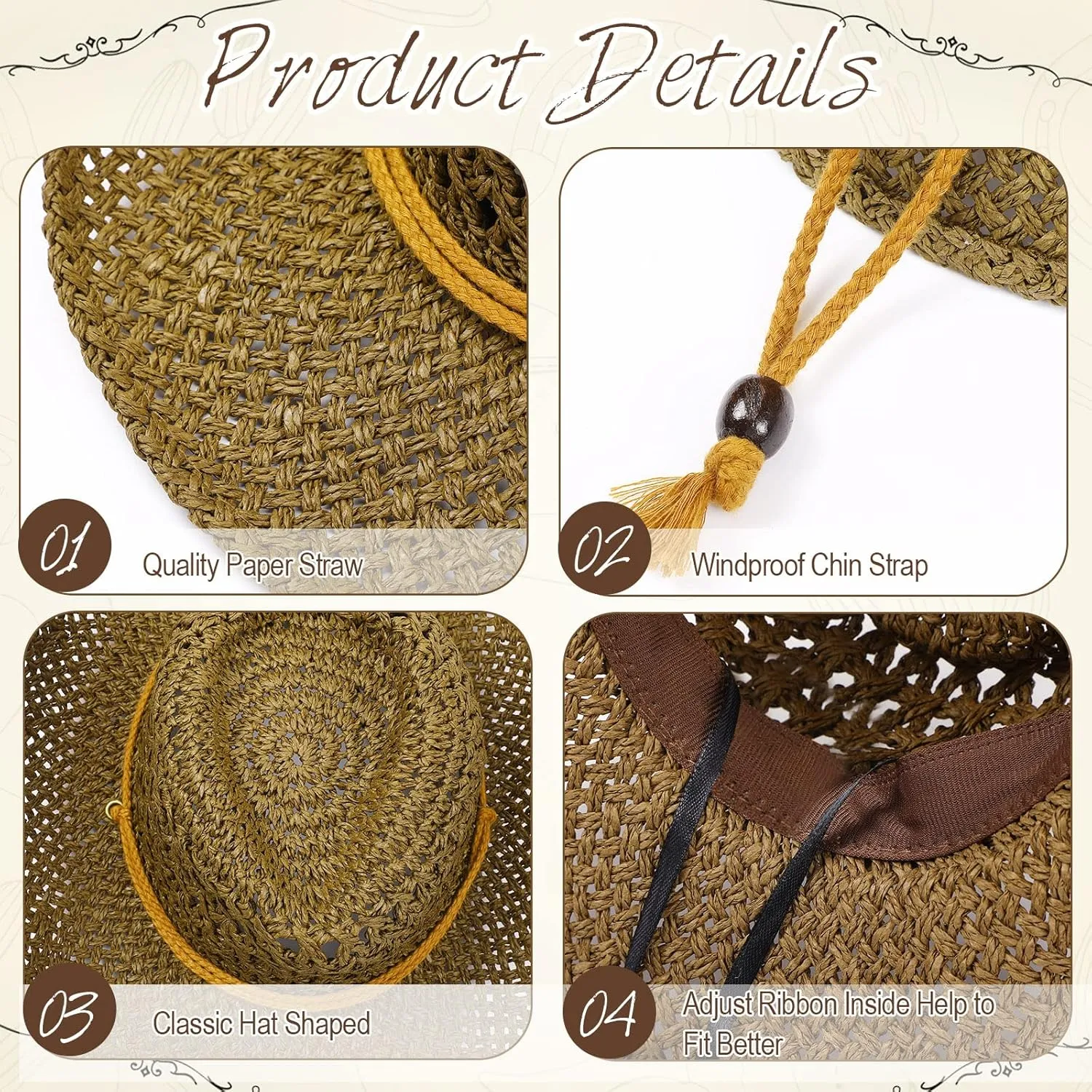 Newcotte 9 Pack Straw Cowboy Hats for Women Western Cowgirl Beach Sun Hat Bulk with Windproof Rope for Party Travel