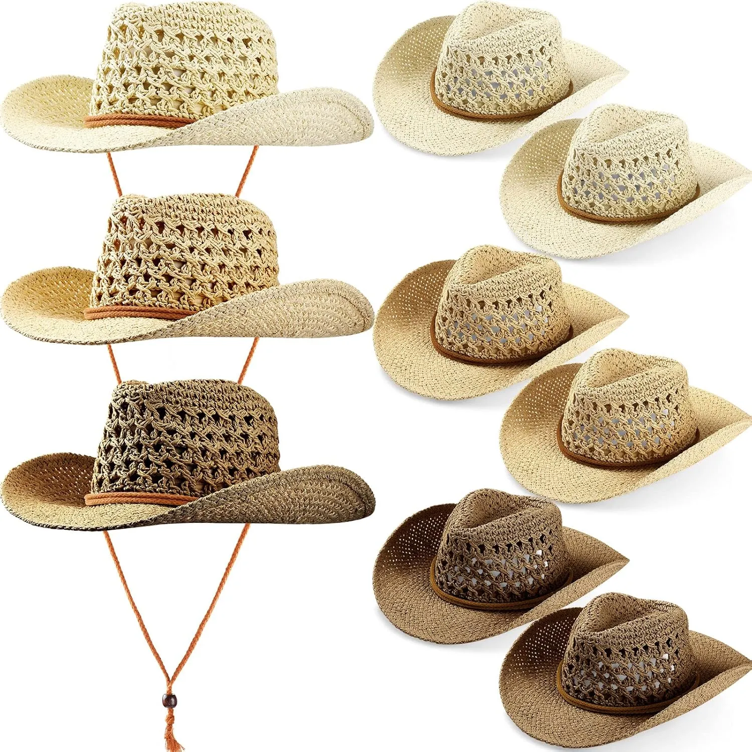 Newcotte 9 Pack Straw Cowboy Hats for Women Western Cowgirl Beach Sun Hat Bulk with Windproof Rope for Party Travel