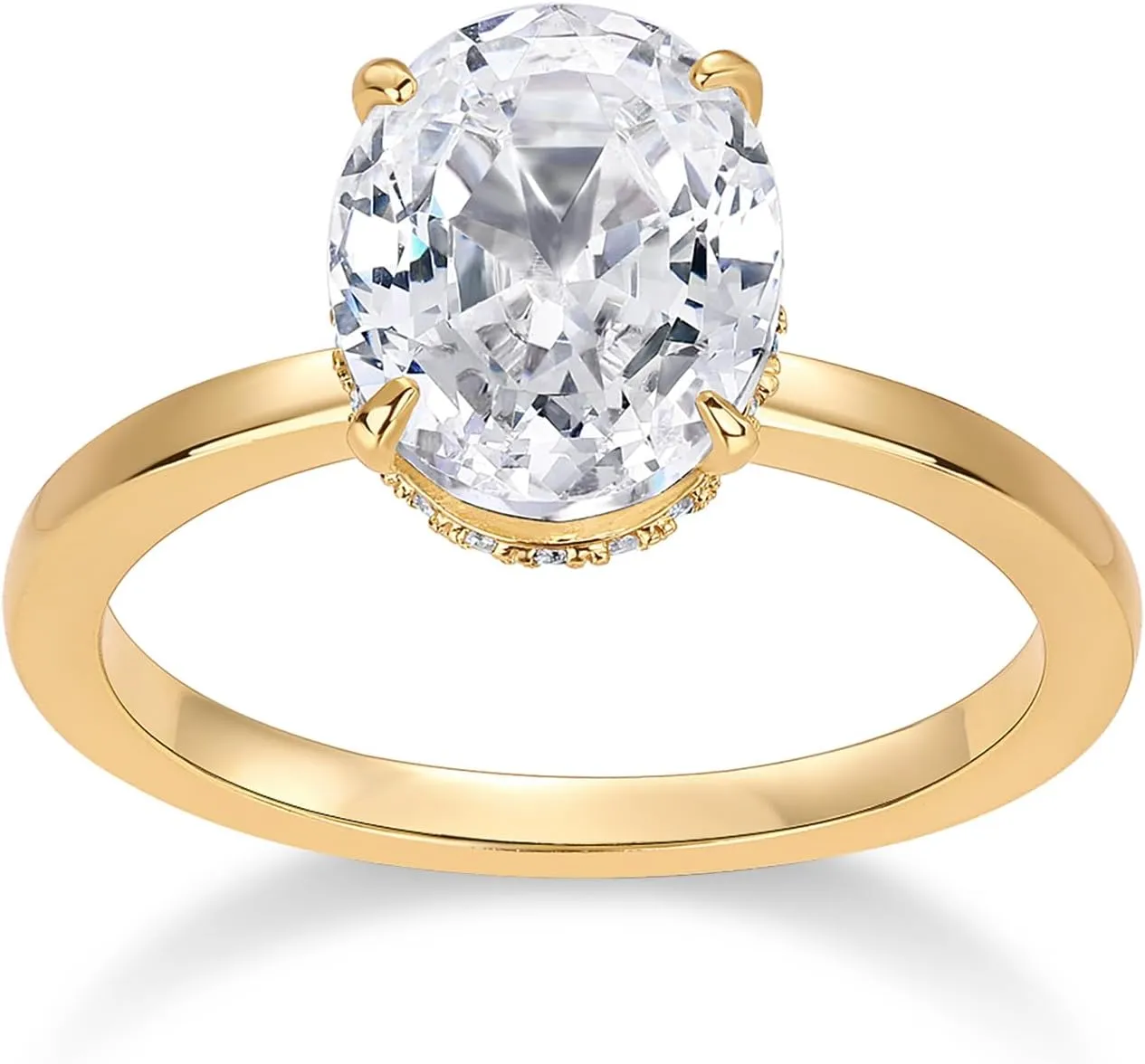 PAVOI 14K Gold Plated Oval Engagement Ring for Women - Hidden Halo 2.5CT Cubic Zirconia Promise Ring - Wedding Band