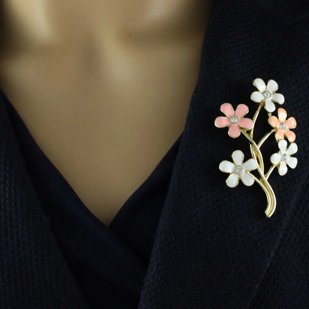 Peach and White Enamel Bunches of Daisies Brooch Pin - PRL402