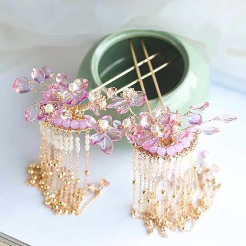 Pink Glazed Flower Xiuhe Clothing Tassel Hairpin Headwear