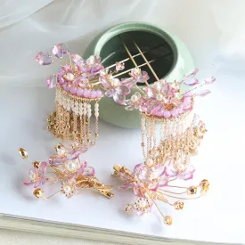 Pink Glazed Flower Xiuhe Clothing Tassel Hairpin Headwear