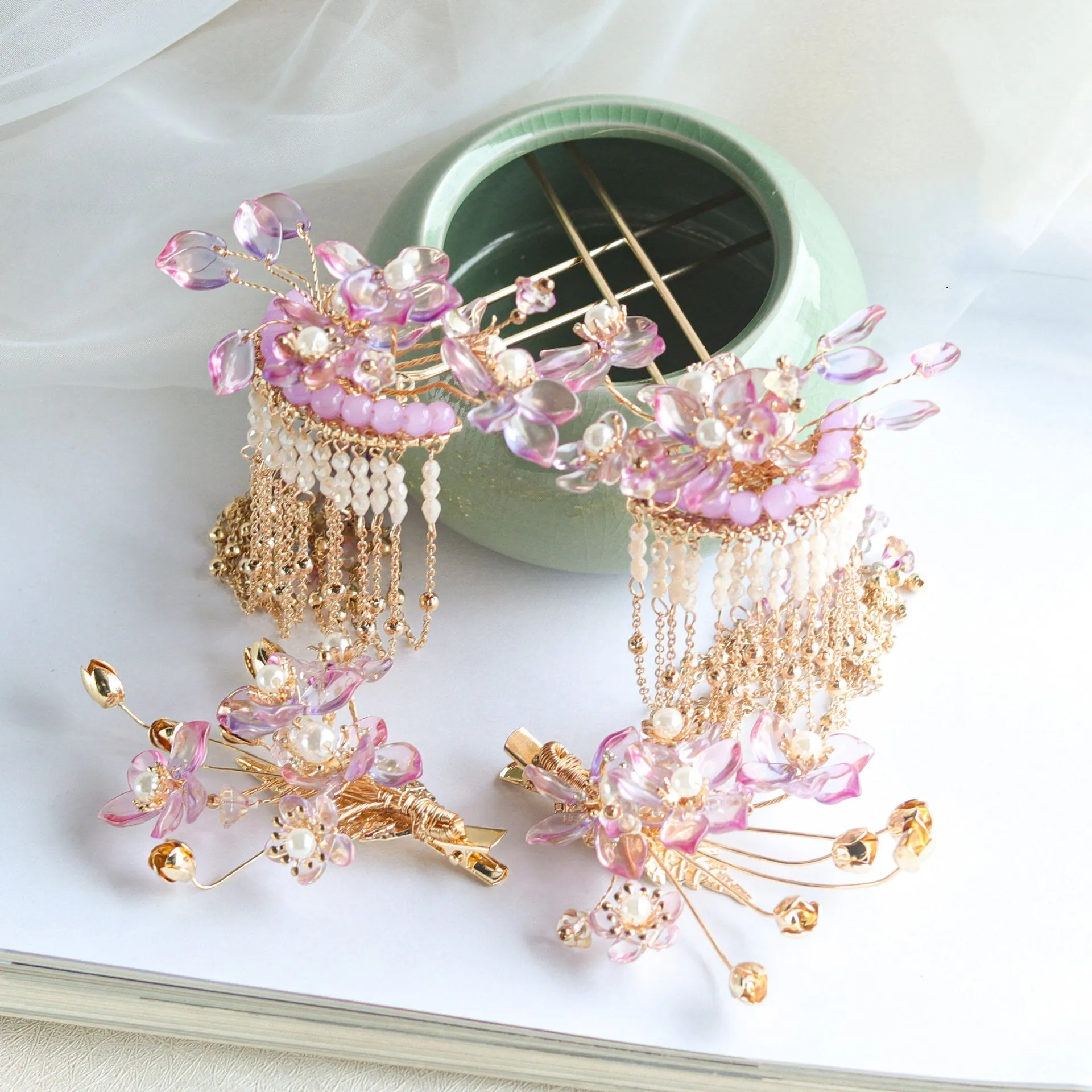 Pink Glazed Flower Xiuhe Clothing Tassel Hairpin Headwear