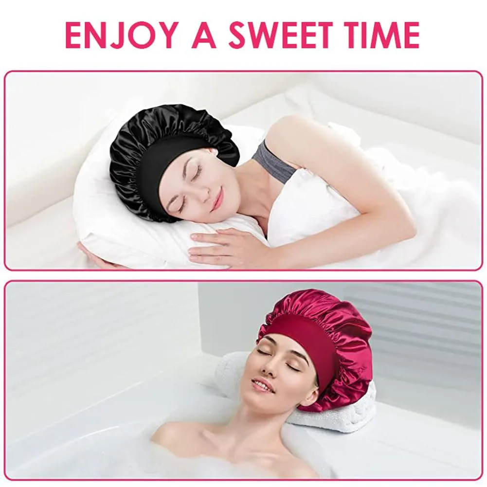 Pink Silk Bonnet for Sleeping Women Silk Hair Bonnet for Sleeping Curly Hair Braids Large Satin Sleep Cap Wide Band Night Caps