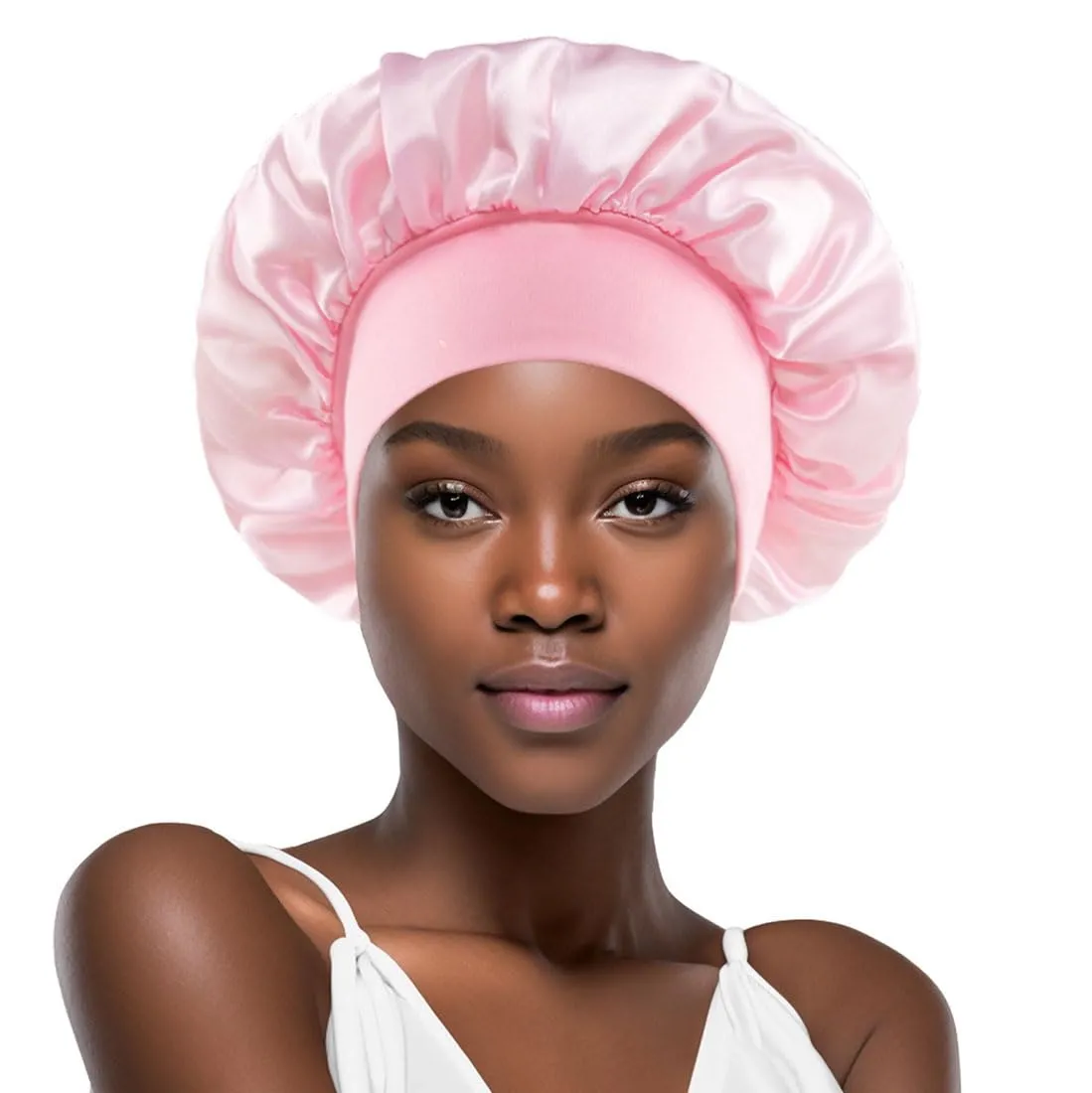 Pink Silk Bonnet for Sleeping Women Silk Hair Bonnet for Sleeping Curly Hair Braids Large Satin Sleep Cap Wide Band Night Caps