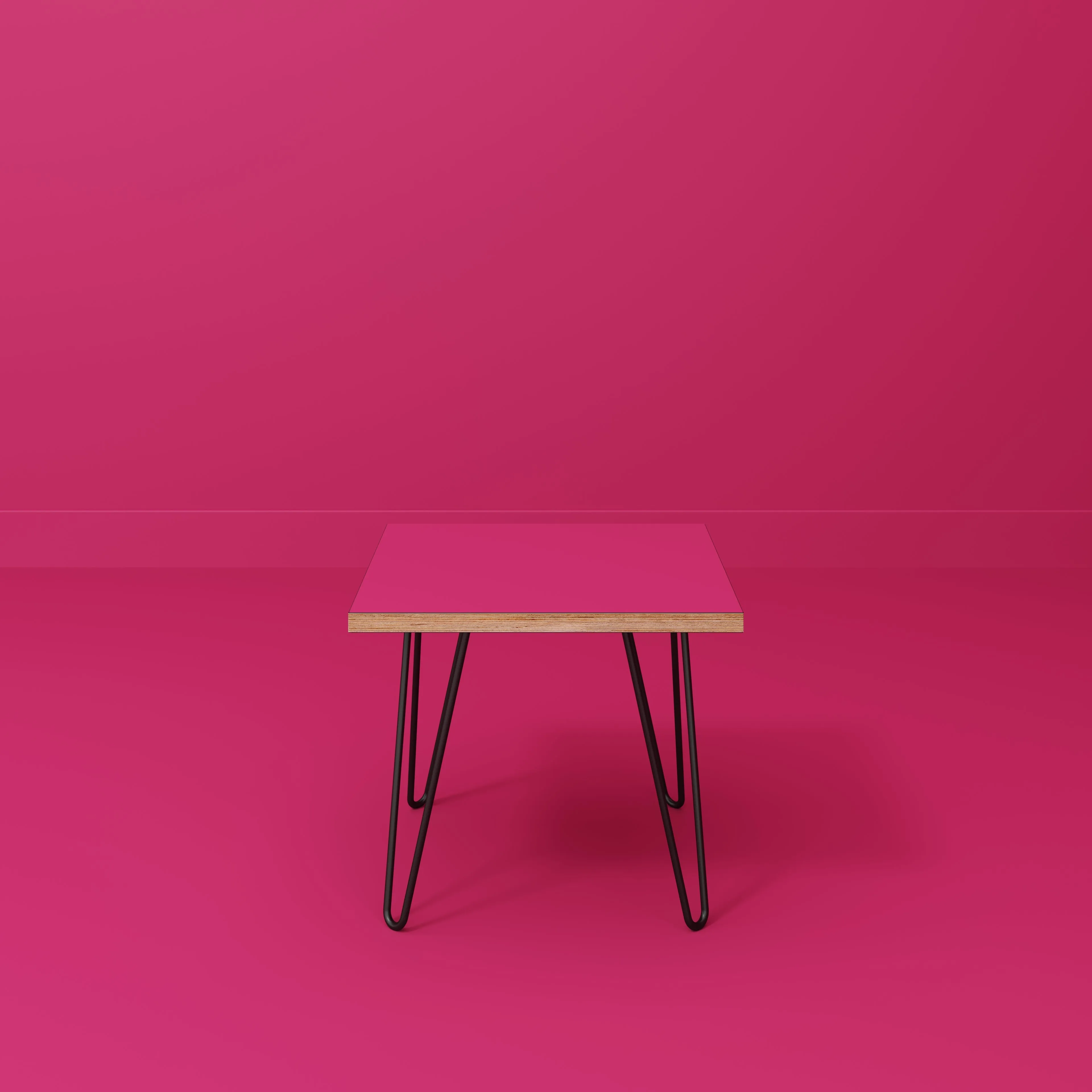 Plywood Side Table with Black Hairpin Legs - Formica Juicy Pink - 500(w) x 500(d) x 425(h)