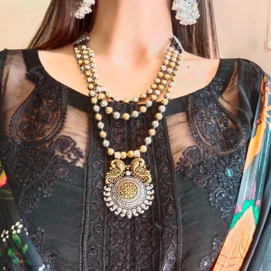 Silver and Golden Beaded Chain Pendant Necklace