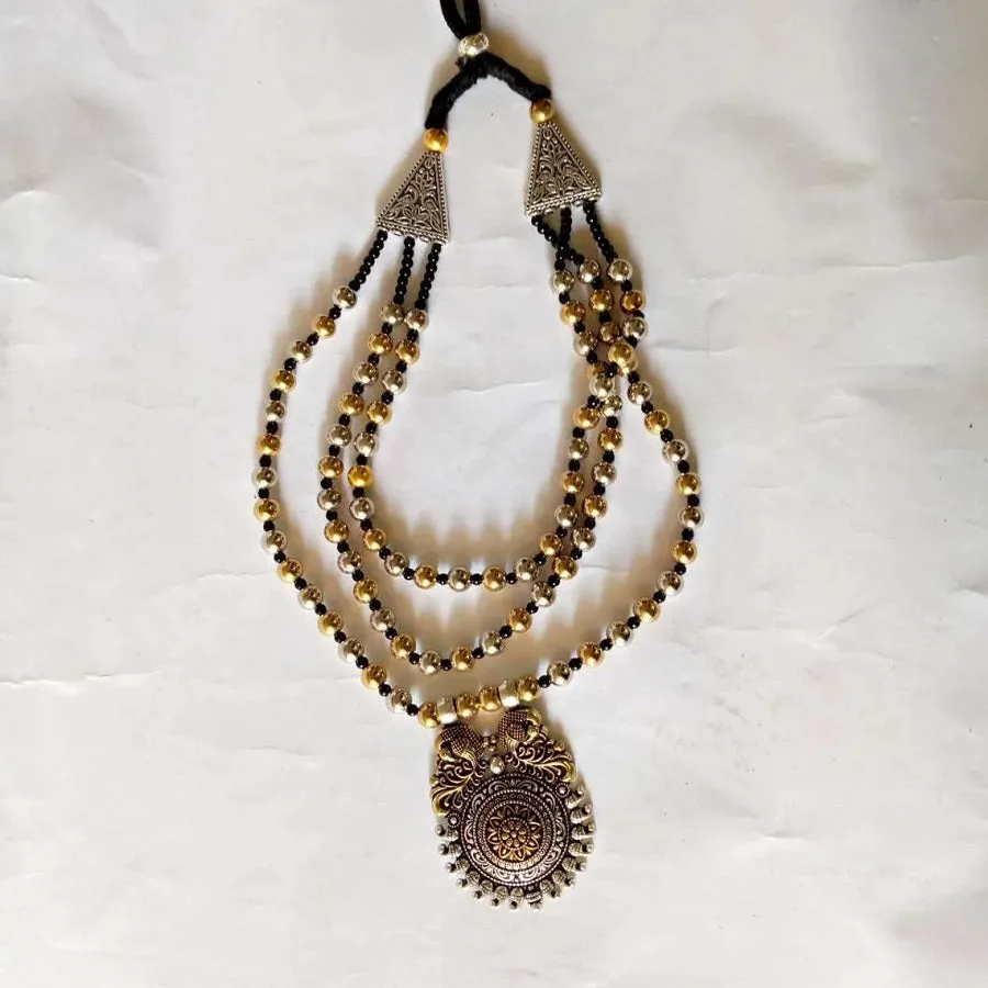 Silver and Golden Beaded Chain Pendant Necklace