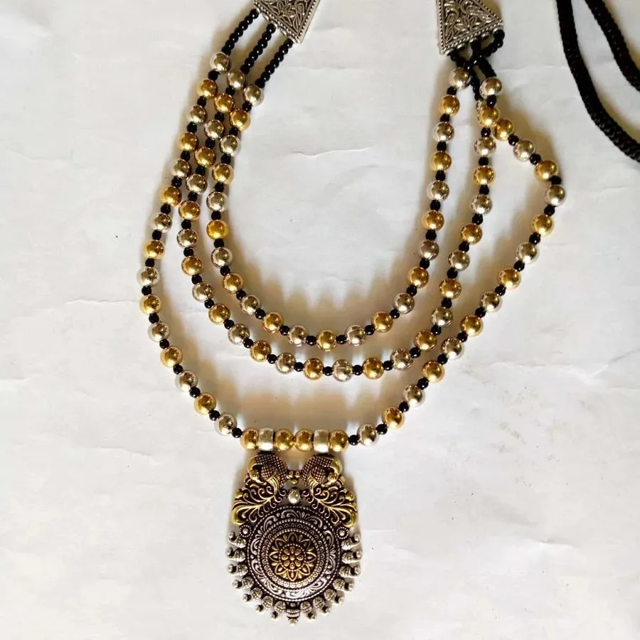 Silver and Golden Beaded Chain Pendant Necklace