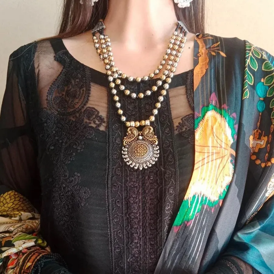 Silver and Golden Beaded Chain Pendant Necklace