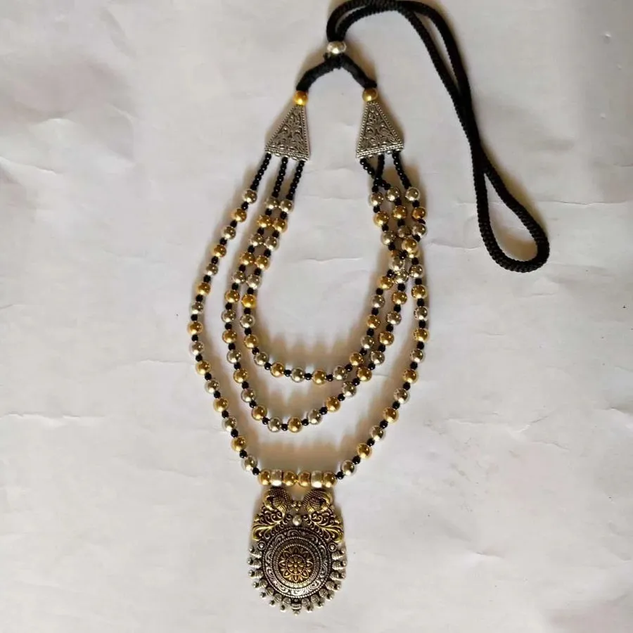 Silver and Golden Beaded Chain Pendant Necklace
