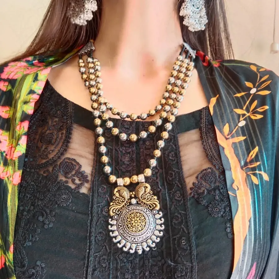 Silver and Golden Beaded Chain Pendant Necklace