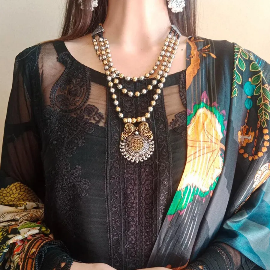 Silver and Golden Beaded Chain Pendant Necklace