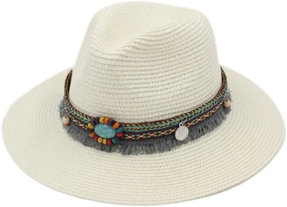 Straw Sunhat Womens Panama Hat Wide Brim Fedora Hat Summer Beach Sun Cap with Bohemia Tassel Band