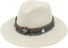 Straw Sunhat Womens Panama Hat Wide Brim Fedora Hat Summer Beach Sun Cap with Bohemia Tassel Band