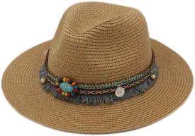 Straw Sunhat Womens Panama Hat Wide Brim Fedora Hat Summer Beach Sun Cap with Bohemia Tassel Band