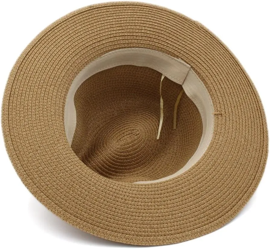 Straw Sunhat Womens Panama Hat Wide Brim Fedora Hat Summer Beach Sun Cap with Bohemia Tassel Band