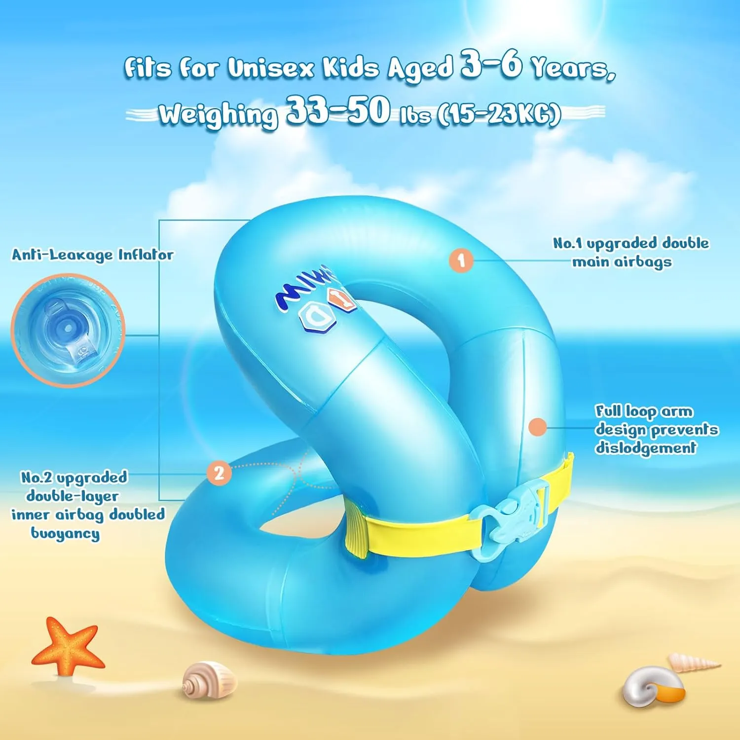 Swim Vest for Kids 33-88 lbs-Portable Inflatable Pool Floats Swimming Ring with Adjustable Safety Buckle-Swim Arm Bands with Double Surround Air Bag