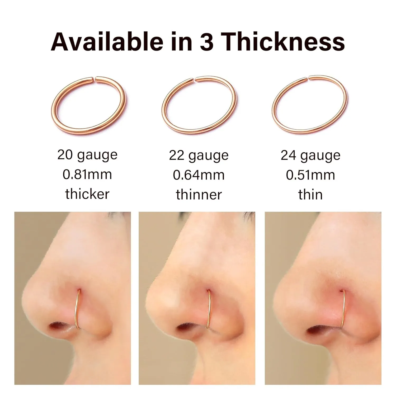 Thin Nose Rings Hoops for Women/Men,Tiny Small Gold Nose Rings 22g for Nose Piercings (1pc - 22 gauge - 8mm,14K Gold Filled)