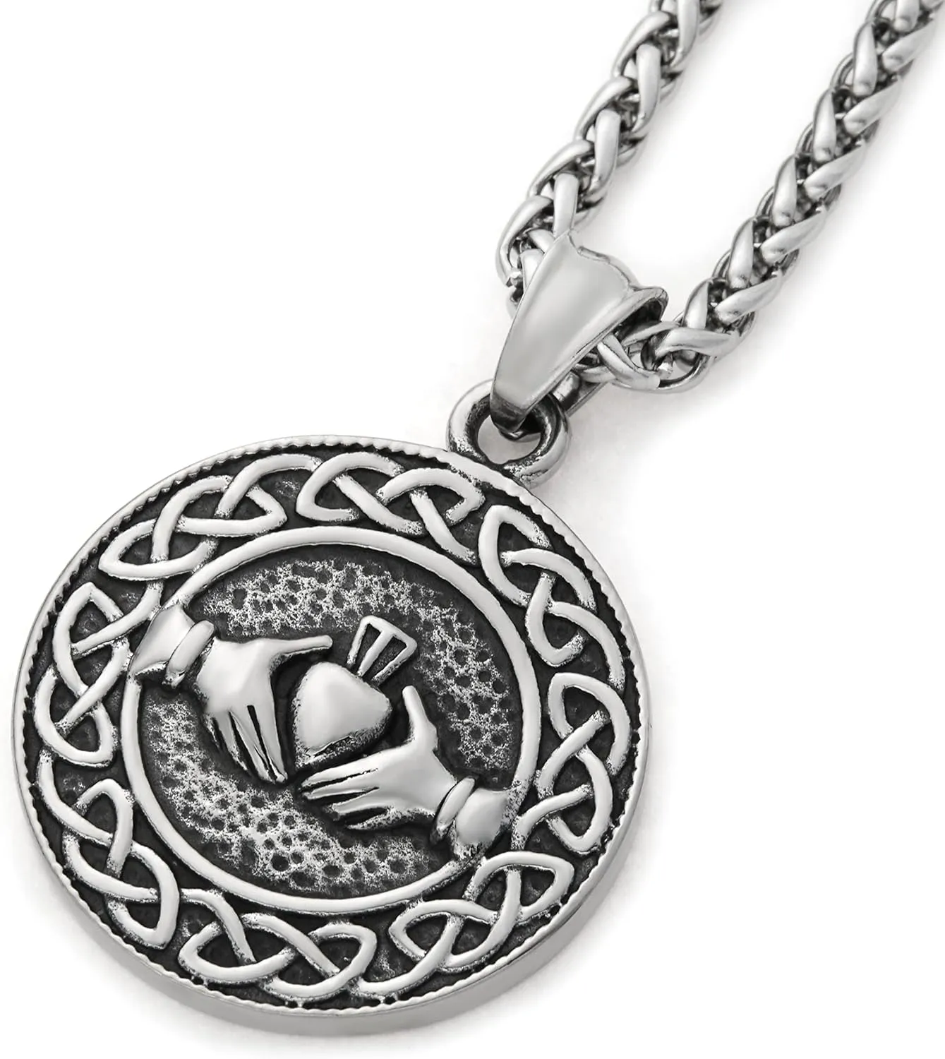 Triquetra Cat Pendant Necklace with Stainless Steel Wheat Chain, Trinity Celtic Knot Triquetra Charm for Women Men, Bonus 2X Runic Beard Beads