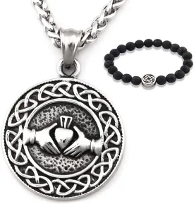 Triquetra Cat Pendant Necklace with Stainless Steel Wheat Chain, Trinity Celtic Knot Triquetra Charm for Women Men, Bonus 2X Runic Beard Beads
