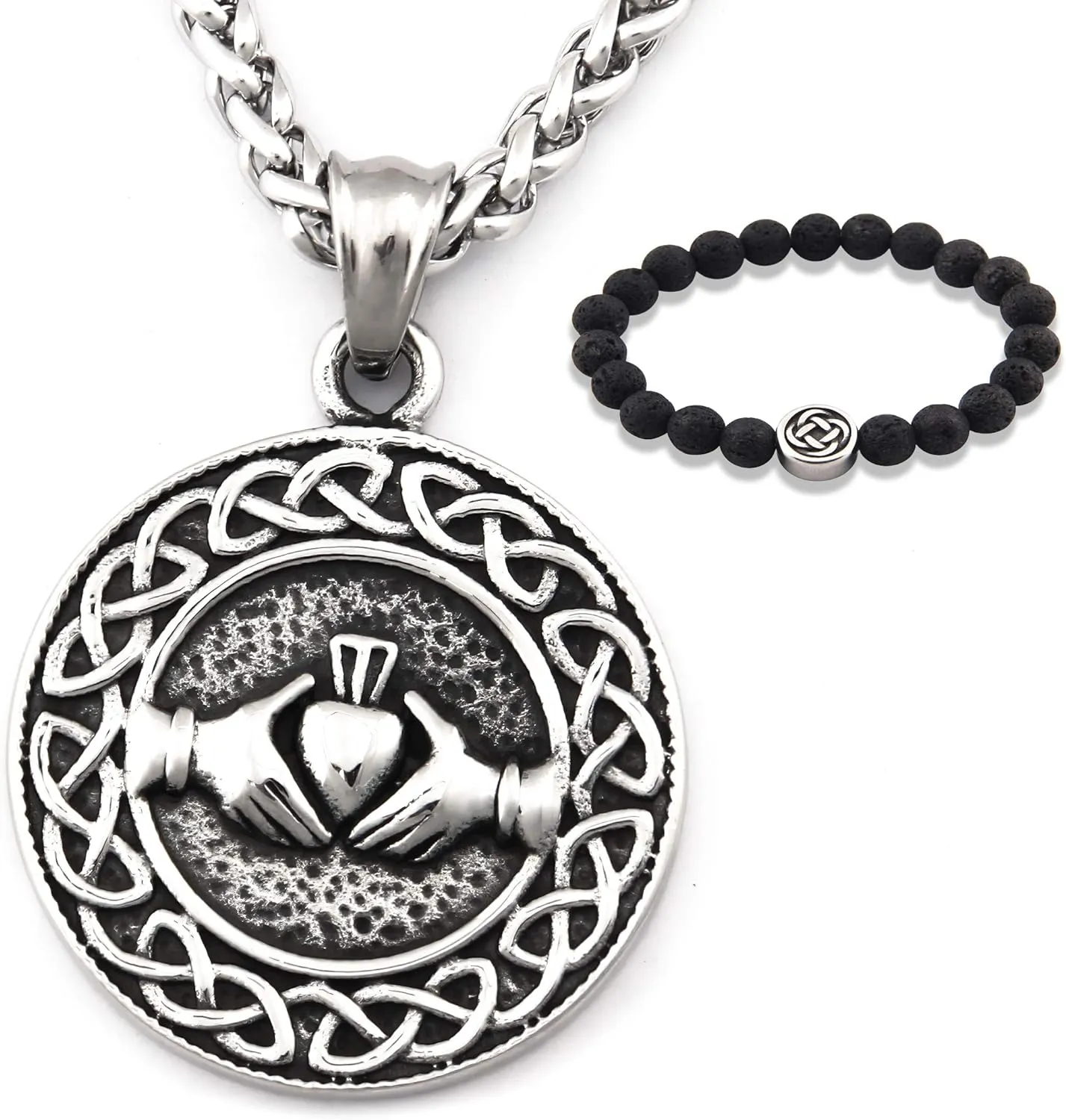 Triquetra Cat Pendant Necklace with Stainless Steel Wheat Chain, Trinity Celtic Knot Triquetra Charm for Women Men, Bonus 2X Runic Beard Beads