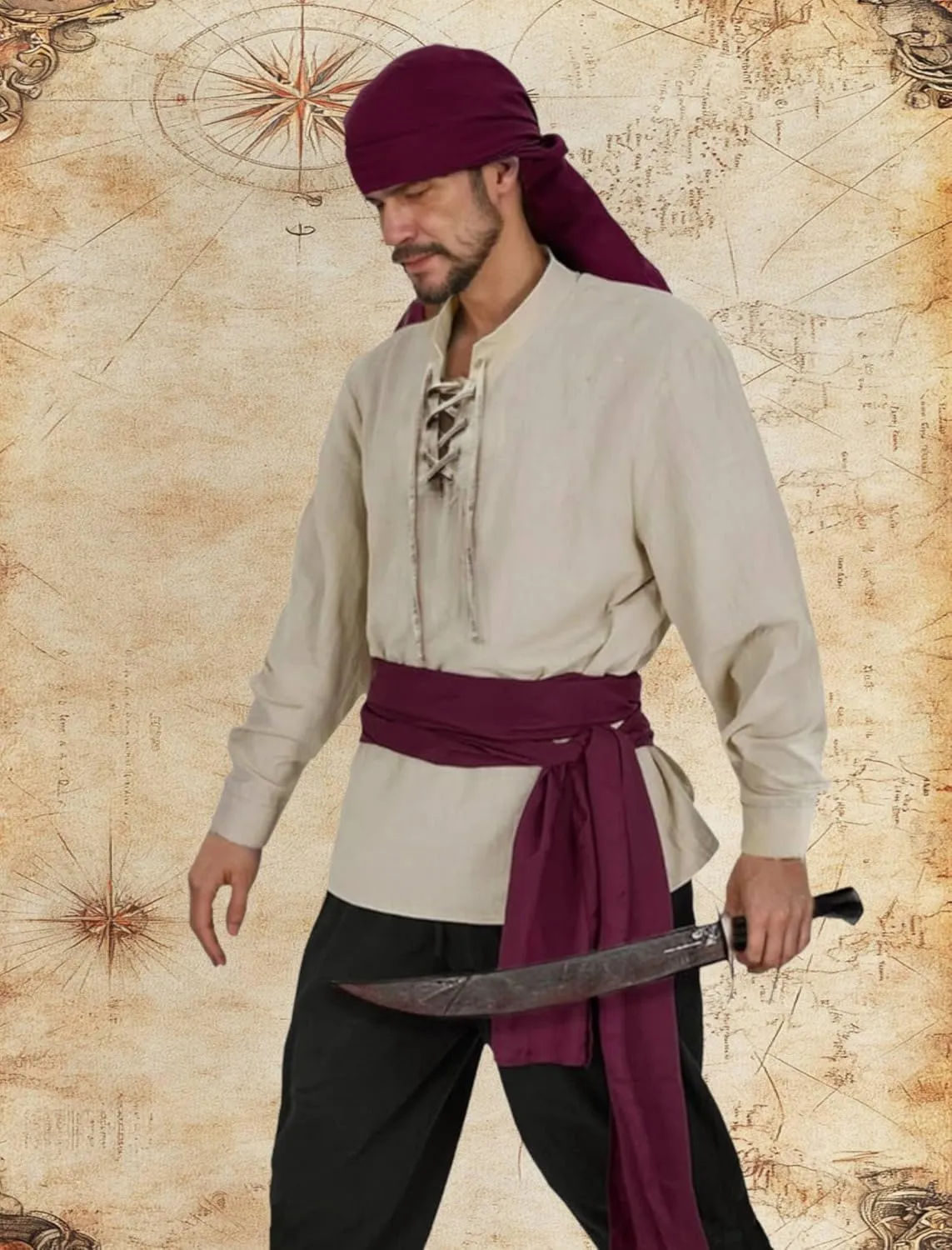 Verceco Mens Pirate Costume Outfit Renaissance Costume Men Medieval Outfit With Pirate Pants Shirts Sash Accessories Khaki Large