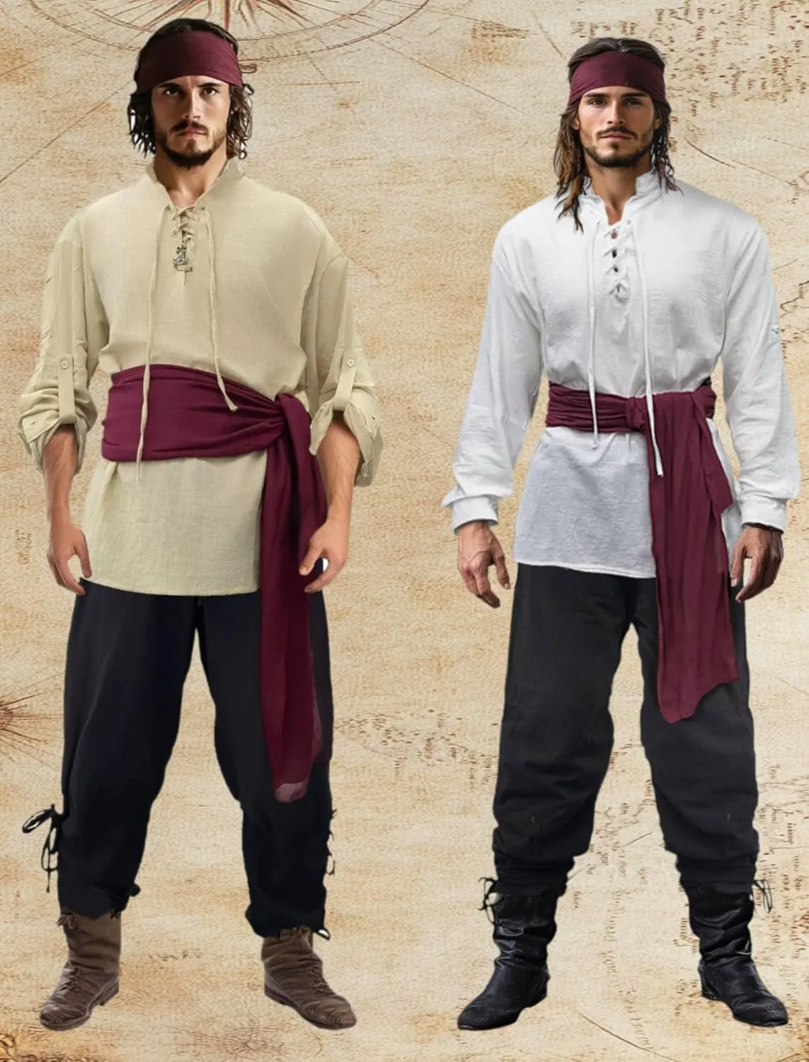 Verceco Mens Pirate Costume Outfit Renaissance Costume Men Medieval Outfit With Pirate Pants Shirts Sash Accessories Khaki Large