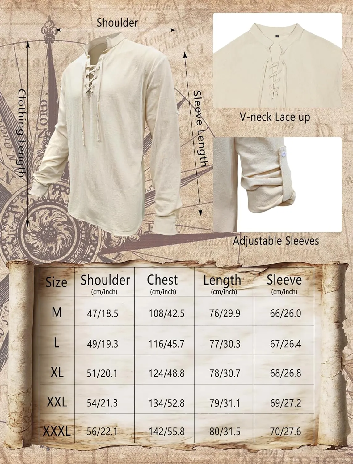 Verceco Mens Pirate Costume Outfit Renaissance Costume Men Medieval Outfit With Pirate Pants Shirts Sash Accessories Khaki Large