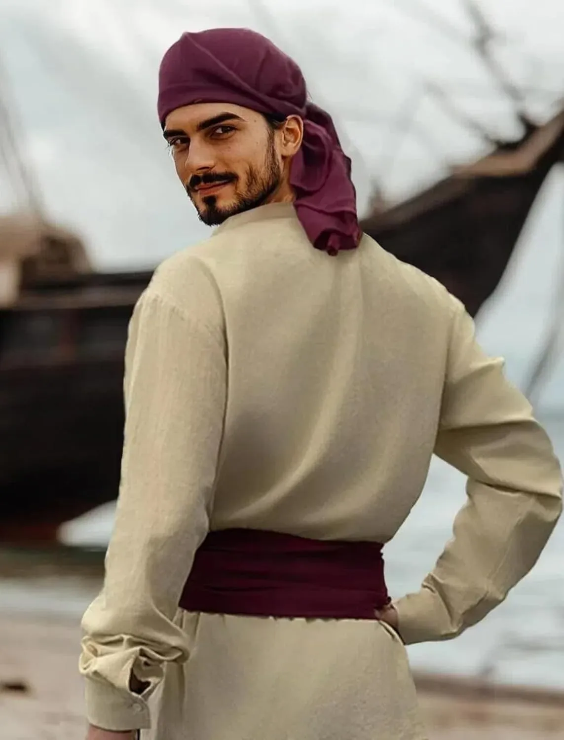 Verceco Mens Pirate Costume Outfit Renaissance Costume Men Medieval Outfit With Pirate Pants Shirts Sash Accessories Khaki Large