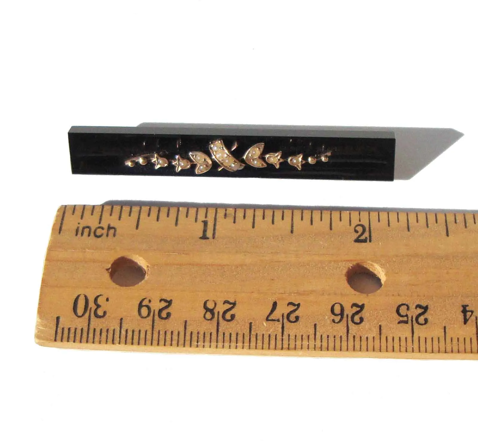 Victorian Jet Bar Brooch GF Seed Pearls Mourning Memento Mori Pin