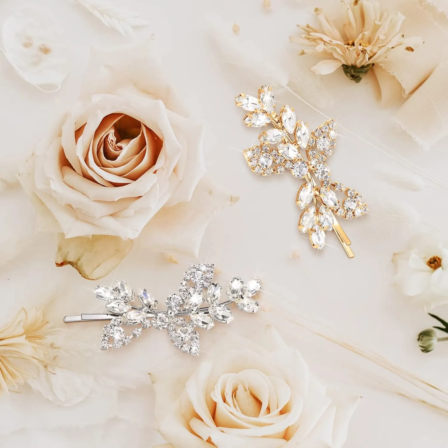 Waydress 4 Pcs Rhinestone Bridal Hair Clip Leaf Wedding Hairpin Bride Crystal Hair Barrette Accessories for Women (Silver Gold, Rhinestone Style)