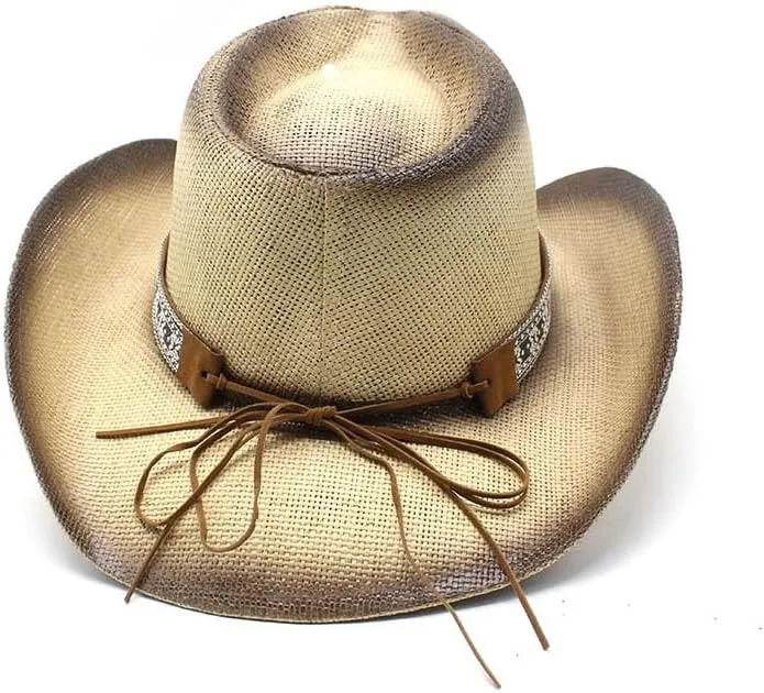 Western Straw Cowboy Hat for Women Men Wide Brim Summer Sun Hat Classic Cowgirl Hat with Belt Buckle for Travel