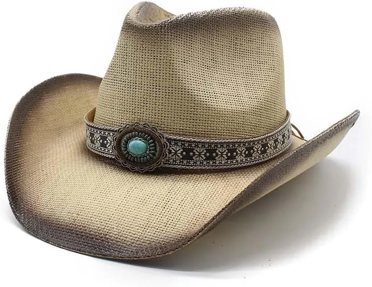Western Straw Cowboy Hat for Women Men Wide Brim Summer Sun Hat Classic Cowgirl Hat with Belt Buckle for Travel