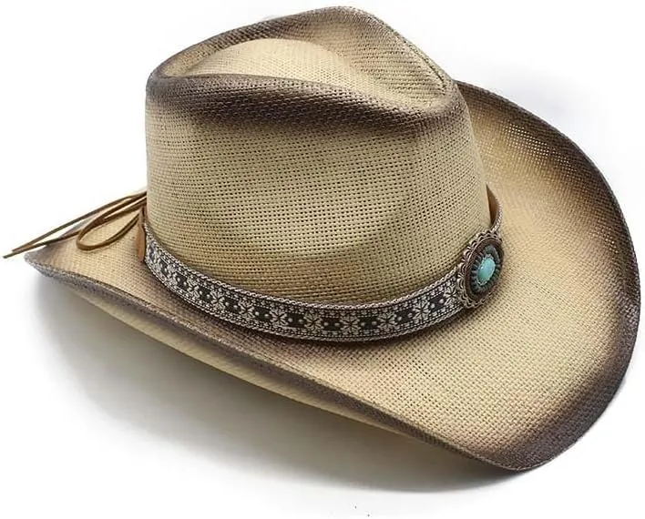 Western Straw Cowboy Hat for Women Men Wide Brim Summer Sun Hat Classic Cowgirl Hat with Belt Buckle for Travel