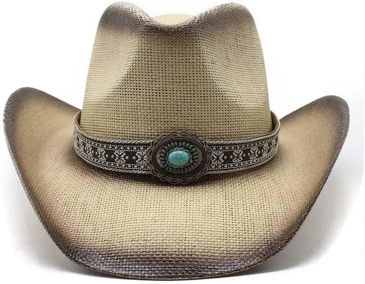 Western Straw Cowboy Hat for Women Men Wide Brim Summer Sun Hat Classic Cowgirl Hat with Belt Buckle for Travel