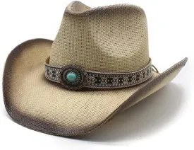 Western Straw Cowboy Hat for Women Men Wide Brim Summer Sun Hat Classic Cowgirl Hat with Belt Buckle for Travel